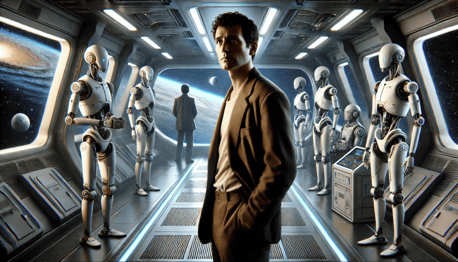 A weary, introspective man in his mid-40s stands inside a sleek spacecraft observation corridor surrounded by humanoid robots, with a view of Earth and space through panoramic windows, symbolizing the intimate impact of AI on one person’s life.