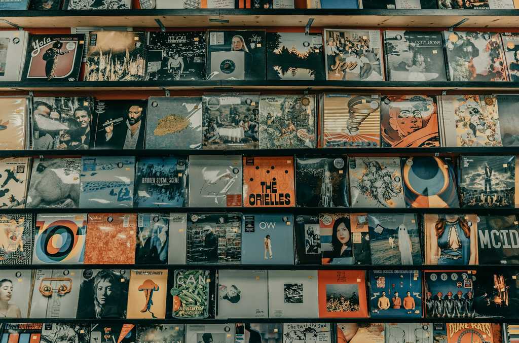 Shelves filled with diverse vinyl records symbolizing the creative experimentation and iterative prompt testing behind our AI-powered image captioning solution.